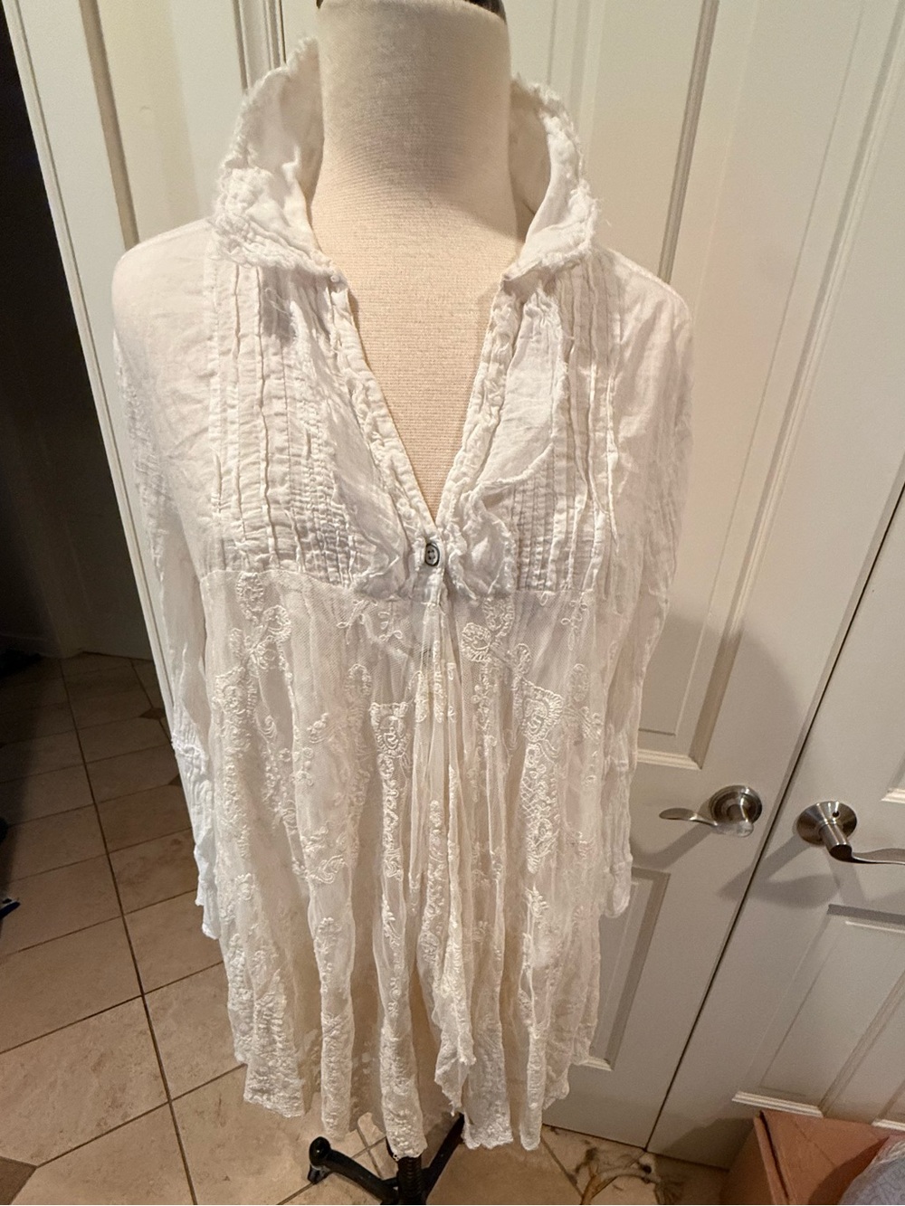 Tricia Fix We the Free People White Lace Pintuck Tunic Top Small